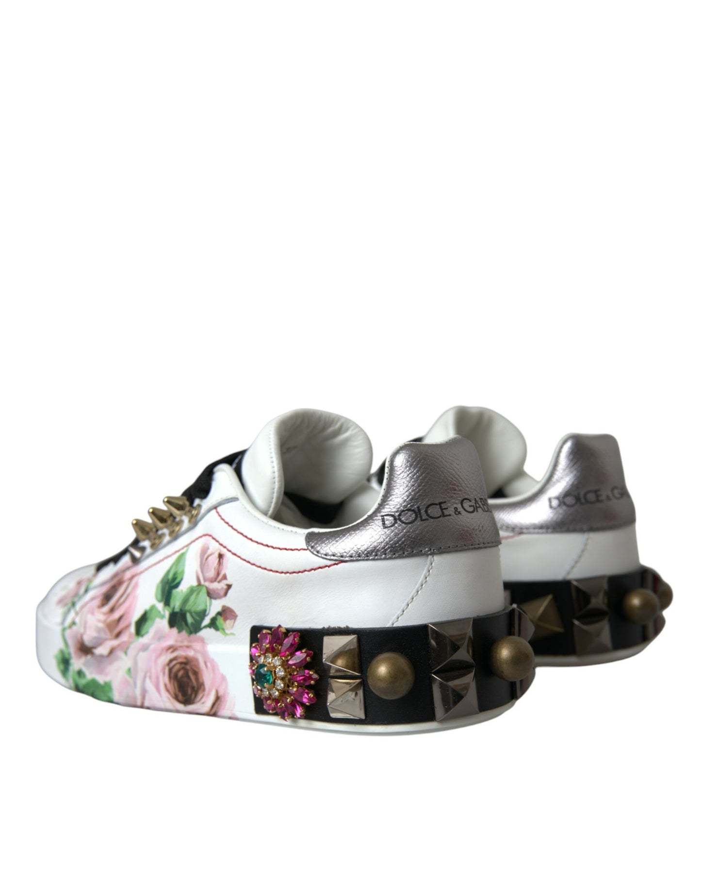 Dolce & Gabbana Weißes Leder Kristall Rosen Floral Turnschuhe Schuhe