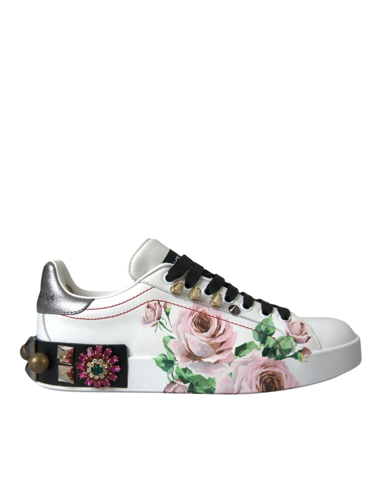 Dolce & Gabbana Weißes Leder Kristall Rosen Floral Turnschuhe Schuhe