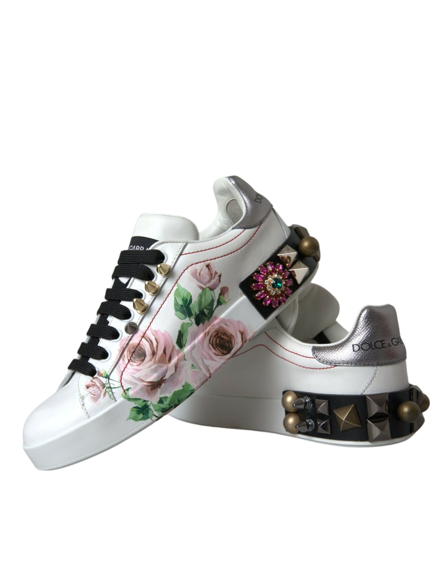 Dolce & Gabbana Weißes Leder Kristall Rosen Floral Turnschuhe Schuhe