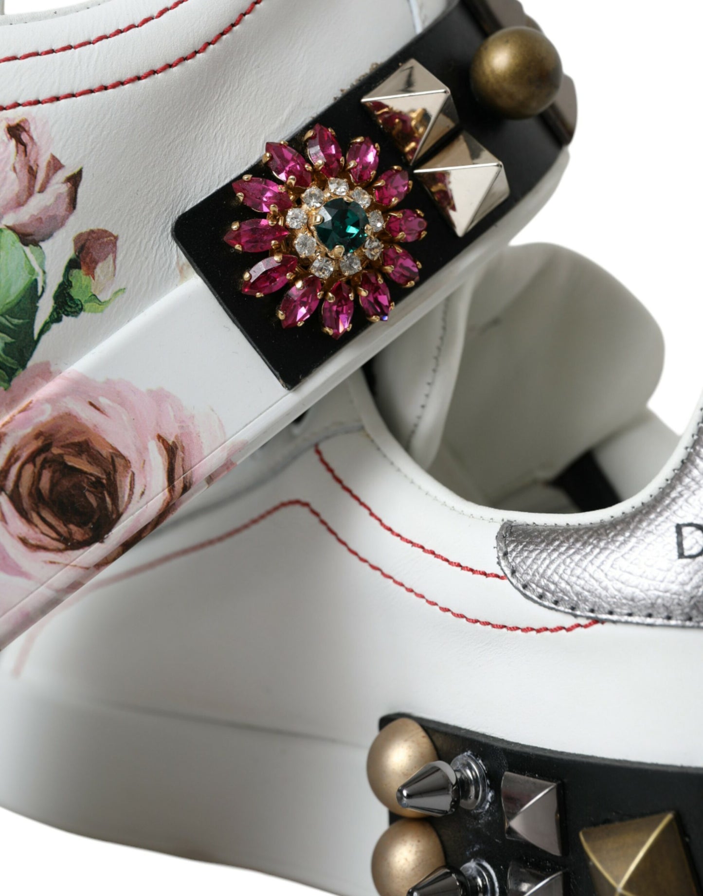 Dolce & Gabbana Weißes Leder Kristall Rosen Floral Turnschuhe Schuhe