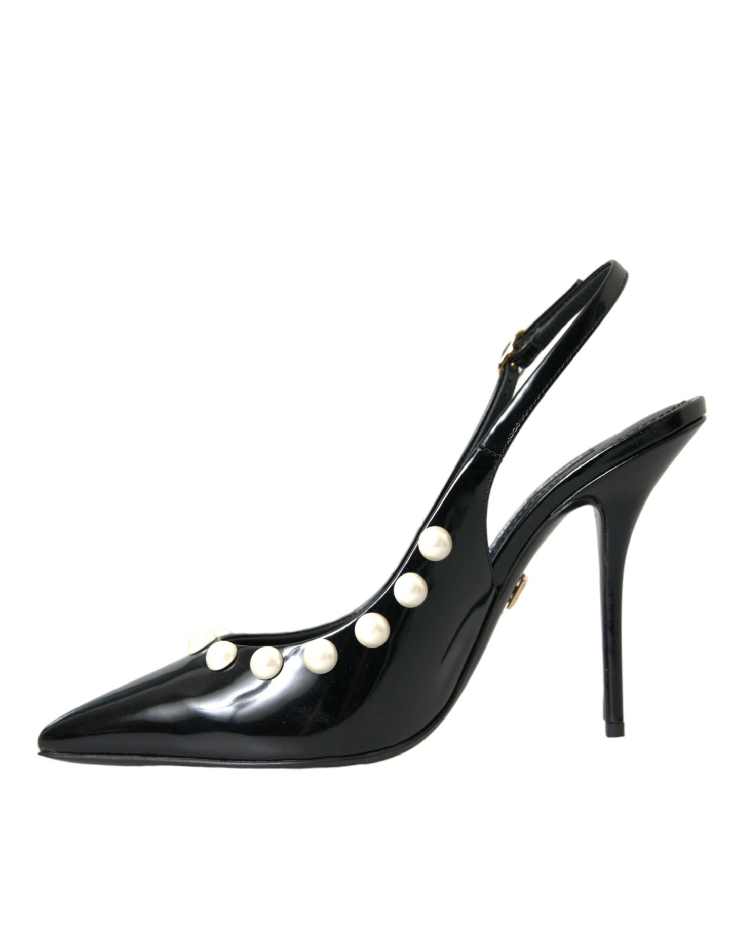 Dolce & Gabbana Schwarze Leder Faux Perle Ferse Slingback Schuhe