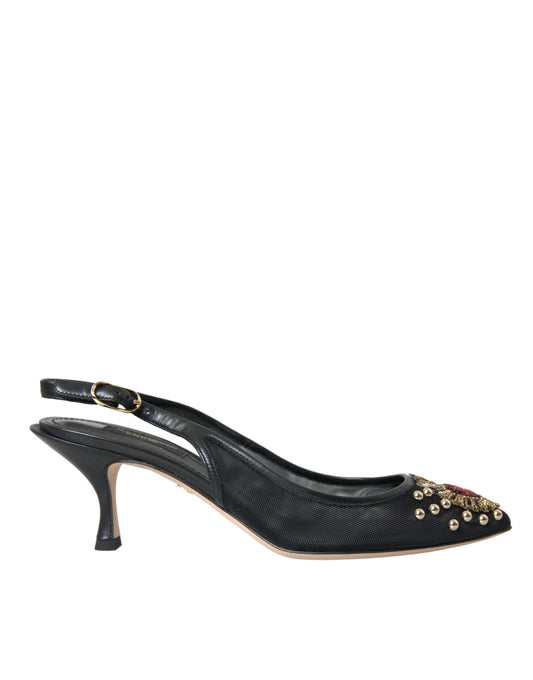 Dolce & Gabbana Schwarz Mesh verschönert Ferse Slingbacks Schuhe