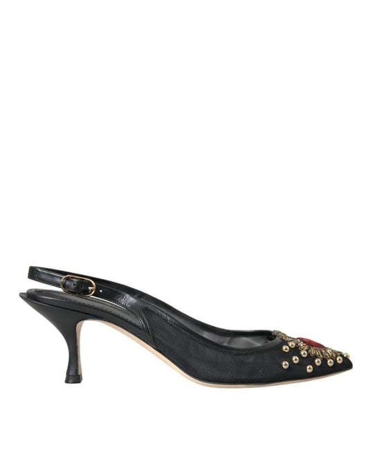 Dolce & Gabbana Schwarz Mesh verschönert Ferse Slingbacks Schuhe