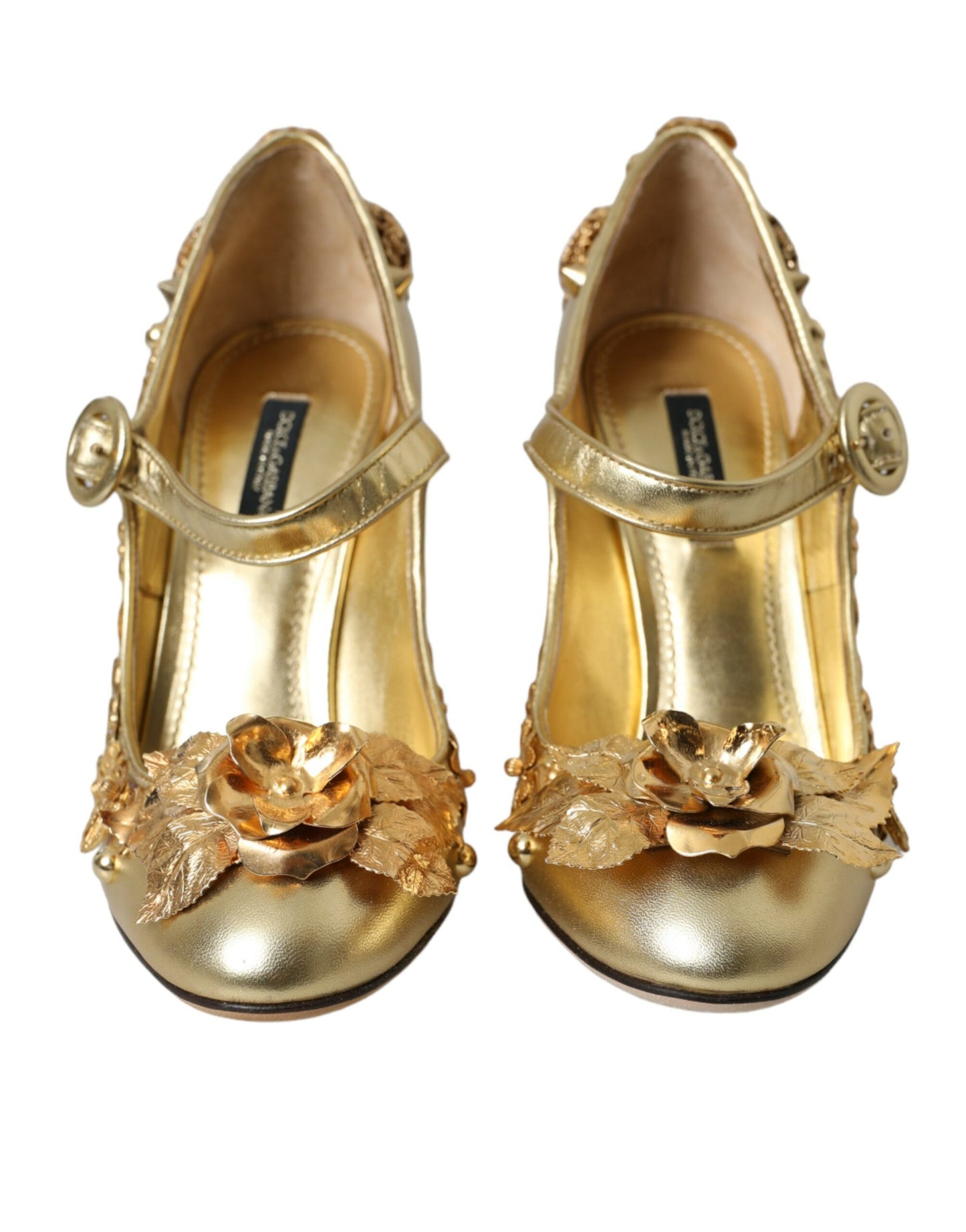 Dolce & Gabbana Gold Leder Kristall Mary Janes Pumps Schuhe