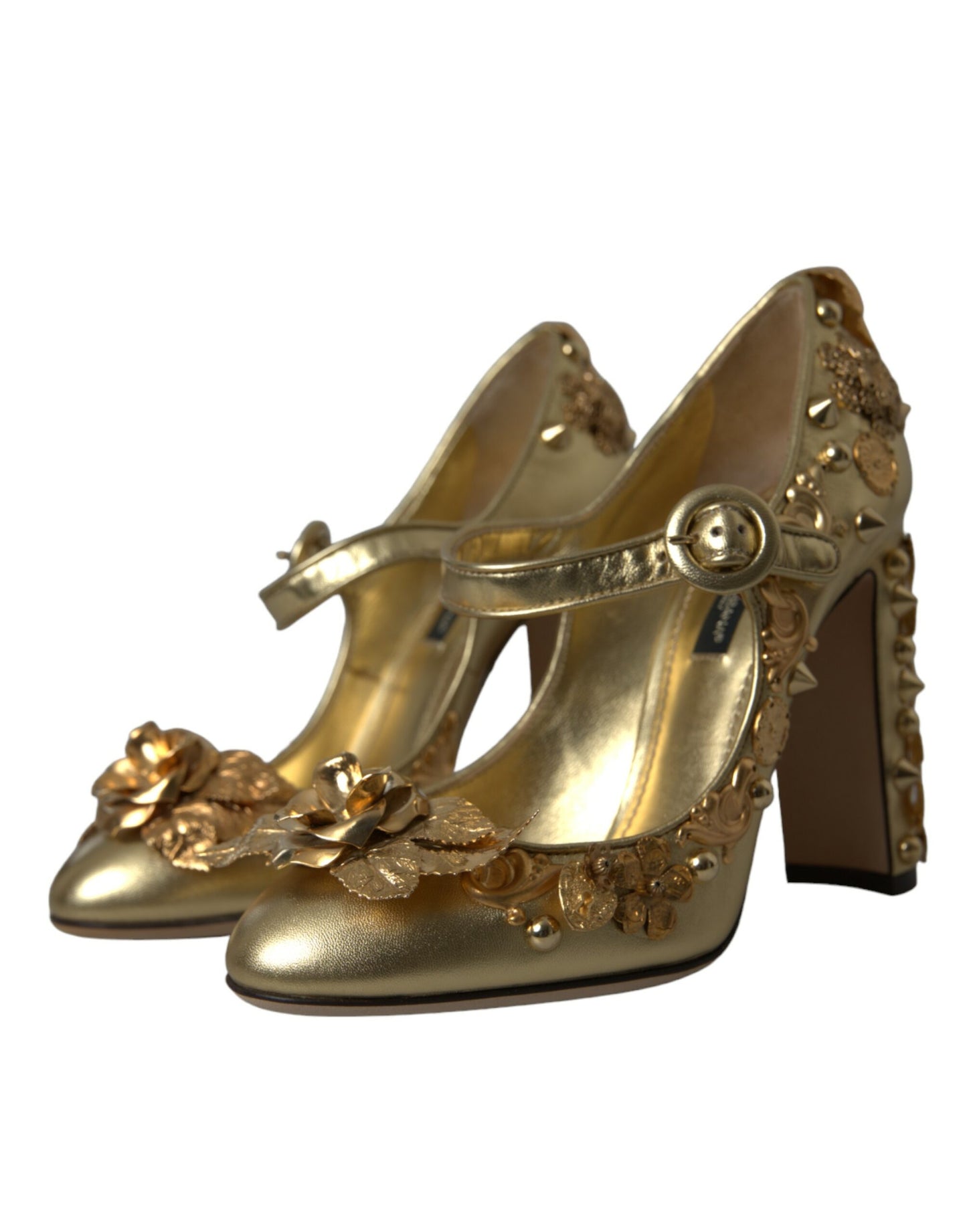 Dolce & Gabbana Gold Leder Kristall Mary Janes Pumps Schuhe