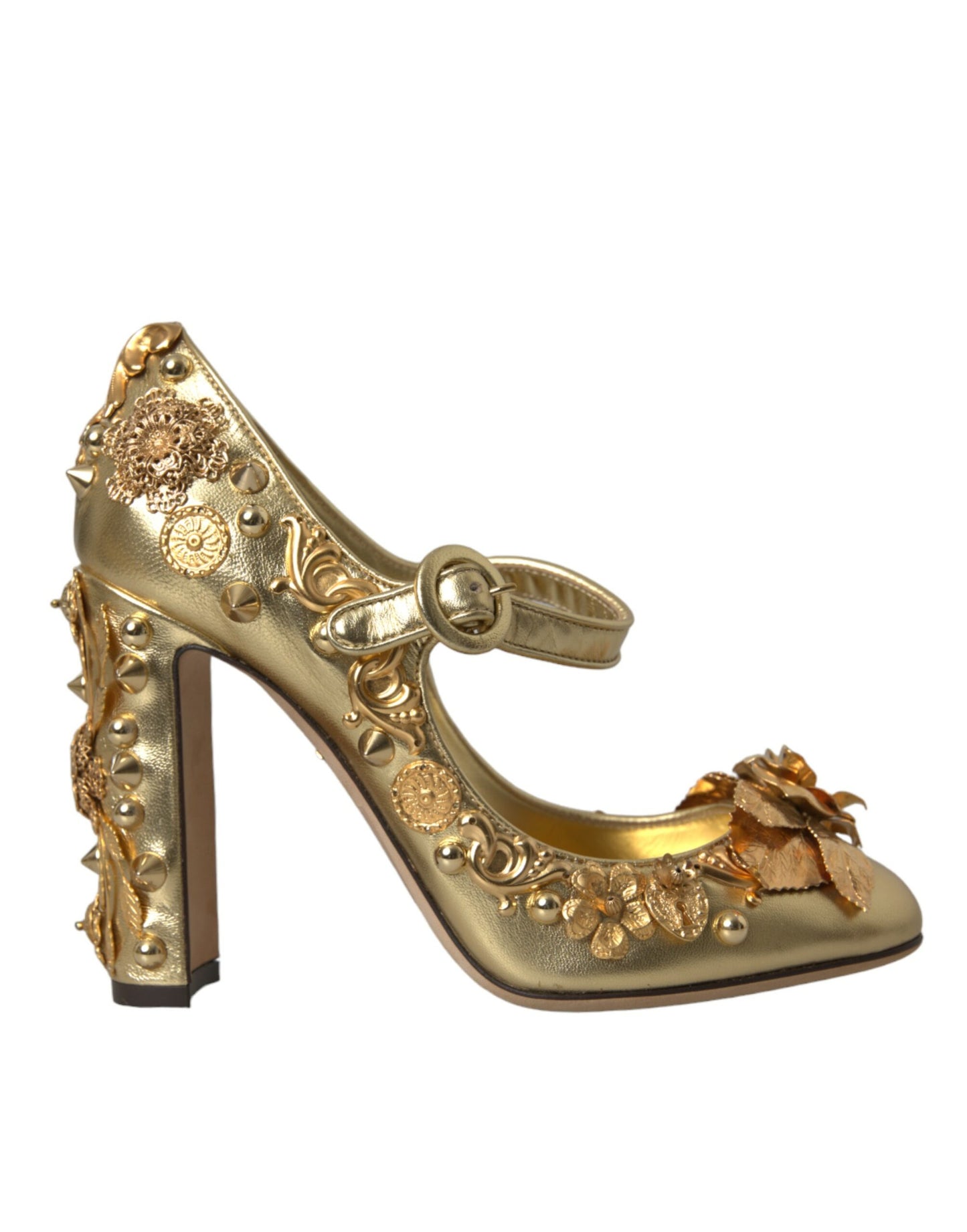 Dolce & Gabbana Gold Leder Kristall Mary Janes Pumps Schuhe