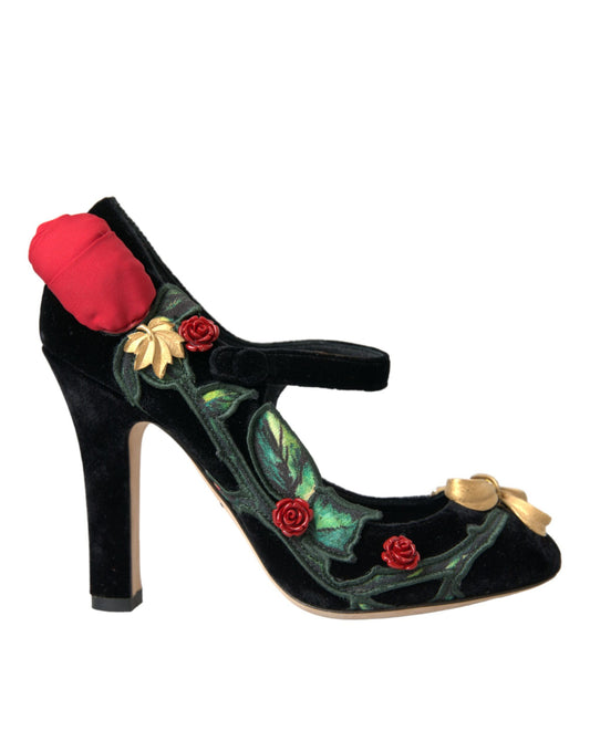 Dolce & Gabbana Schwarz Rosen Kristall Brosche Mary Jane Schuhe