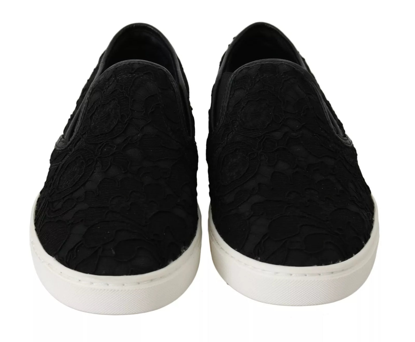 Dolce & Gabbana Flache Slip-On-Sneakers aus schwarzem Spitzenleder mit Logo