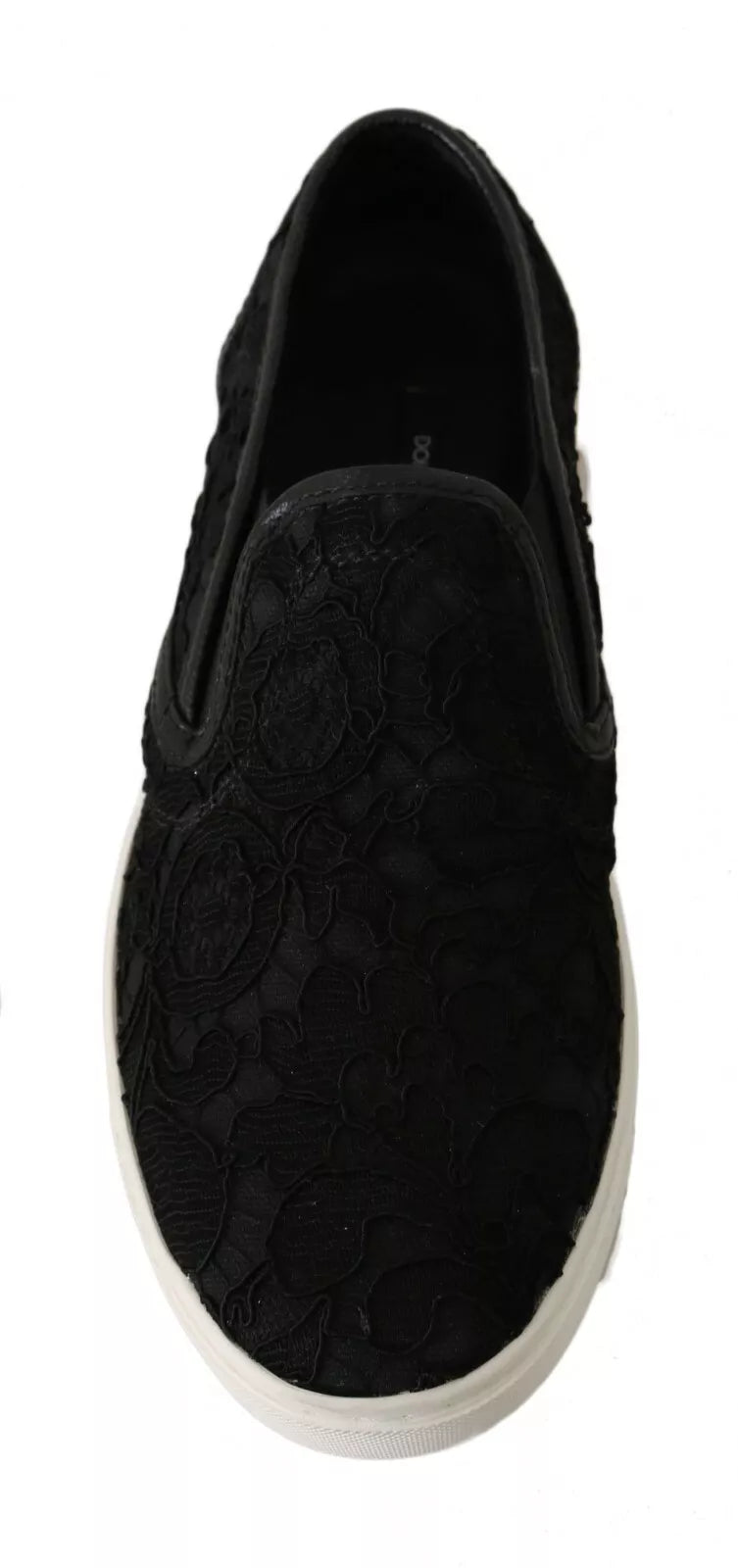 Dolce & Gabbana Flache Slip-On-Sneakers aus schwarzem Spitzenleder mit Logo