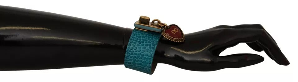 Dolce & Gabbana Blaues Leder Gold DG Herz Anhänger breites Armband