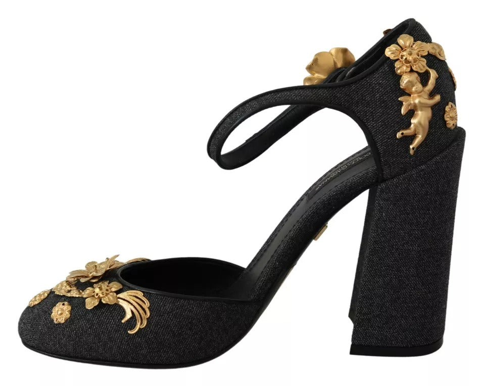 Dolce & Gabbana Schwarz Floral Angel Applique Knöchelriemen Pumps Schuhe