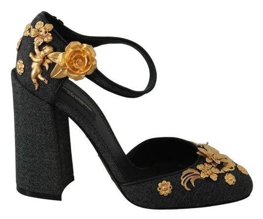 Dolce & Gabbana Schwarz Floral Angel Applique Knöchelriemen Pumps Schuhe