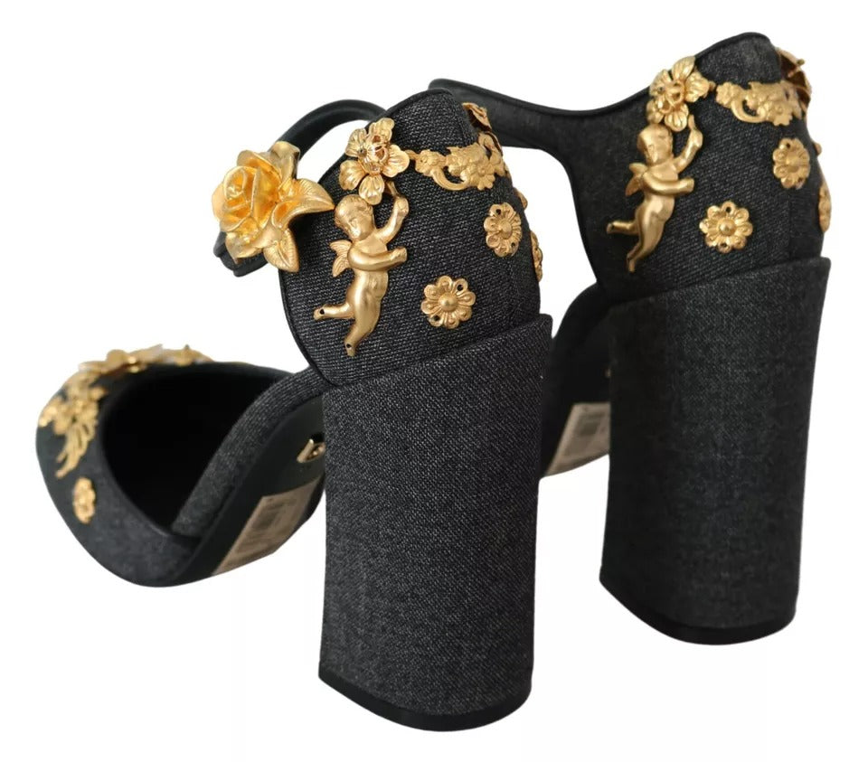 Dolce & Gabbana Schwarz Floral Angel Applique Knöchelriemen Pumps Schuhe