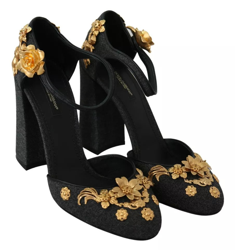 Dolce & Gabbana Schwarz Floral Angel Applique Knöchelriemen Pumps Schuhe