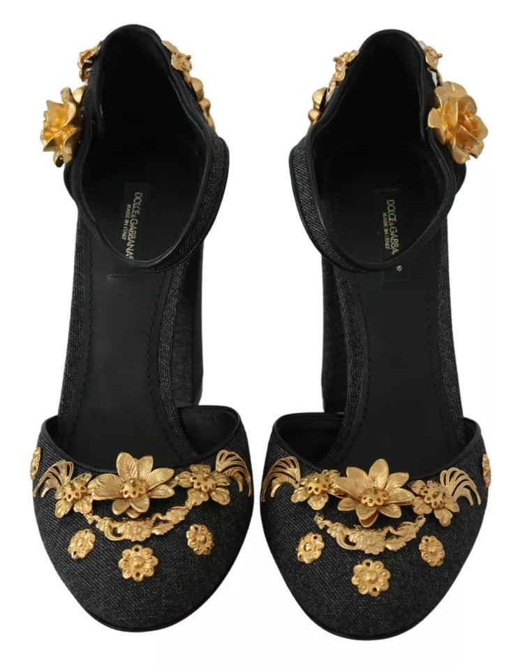 Dolce & Gabbana Schwarz Floral Angel Applique Knöchelriemen Pumps Schuhe