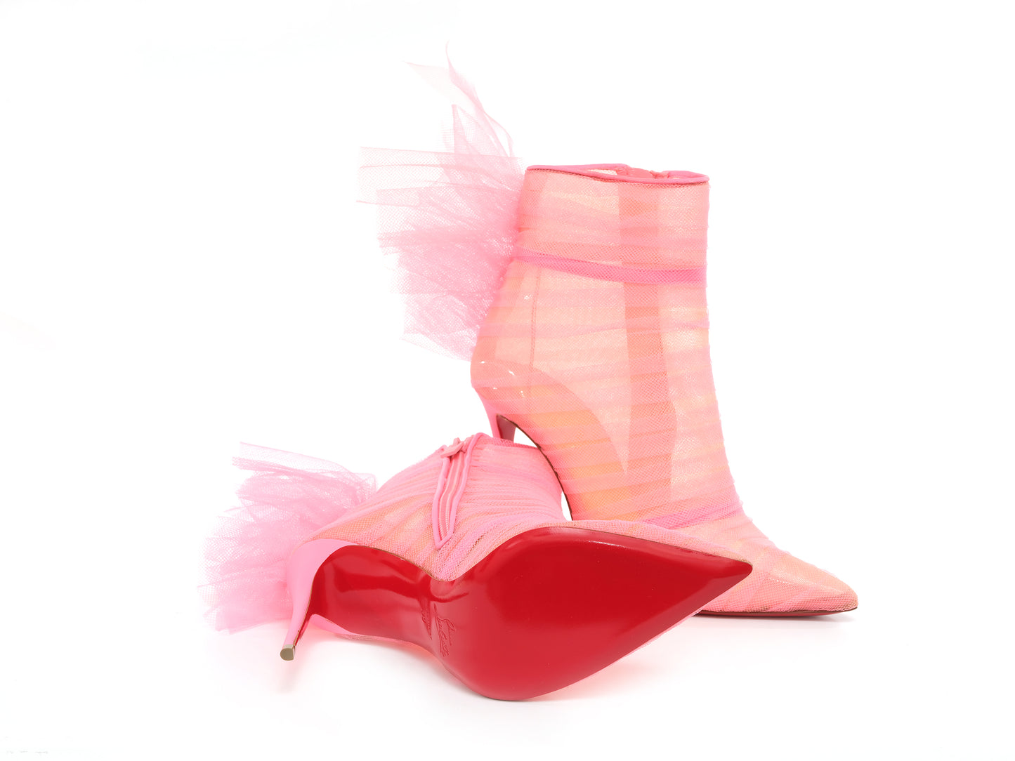 Christian Louboutin Libellibooty 100 Bubble Gum Rosa Mesh und Leder High Heel Stiefel