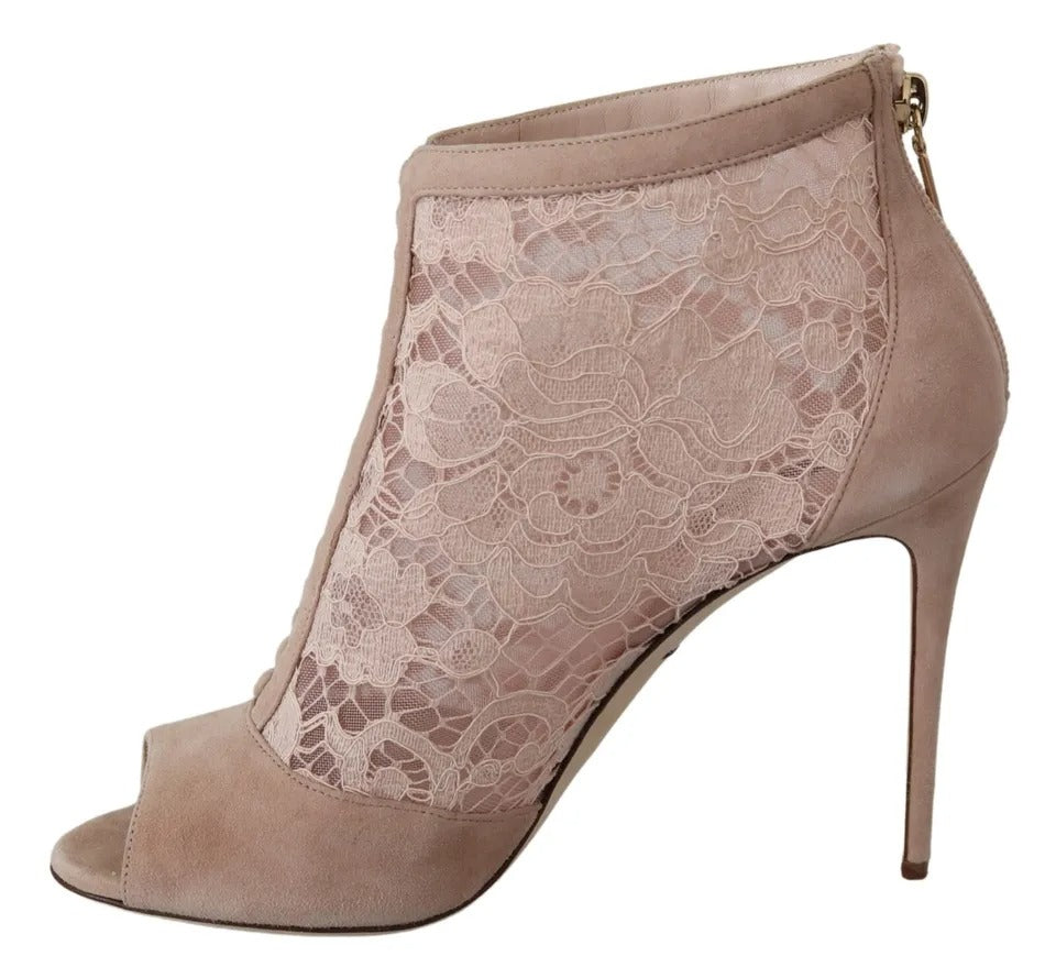 Dolce & Gabbana Beige Spitze Wildleder Peep Toe Ankle Boots Schuhe