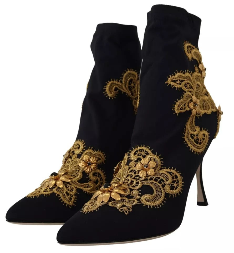 Dolce & Gabbana Schwarz Gold Stickerei Slip On Stiefel Schuhe