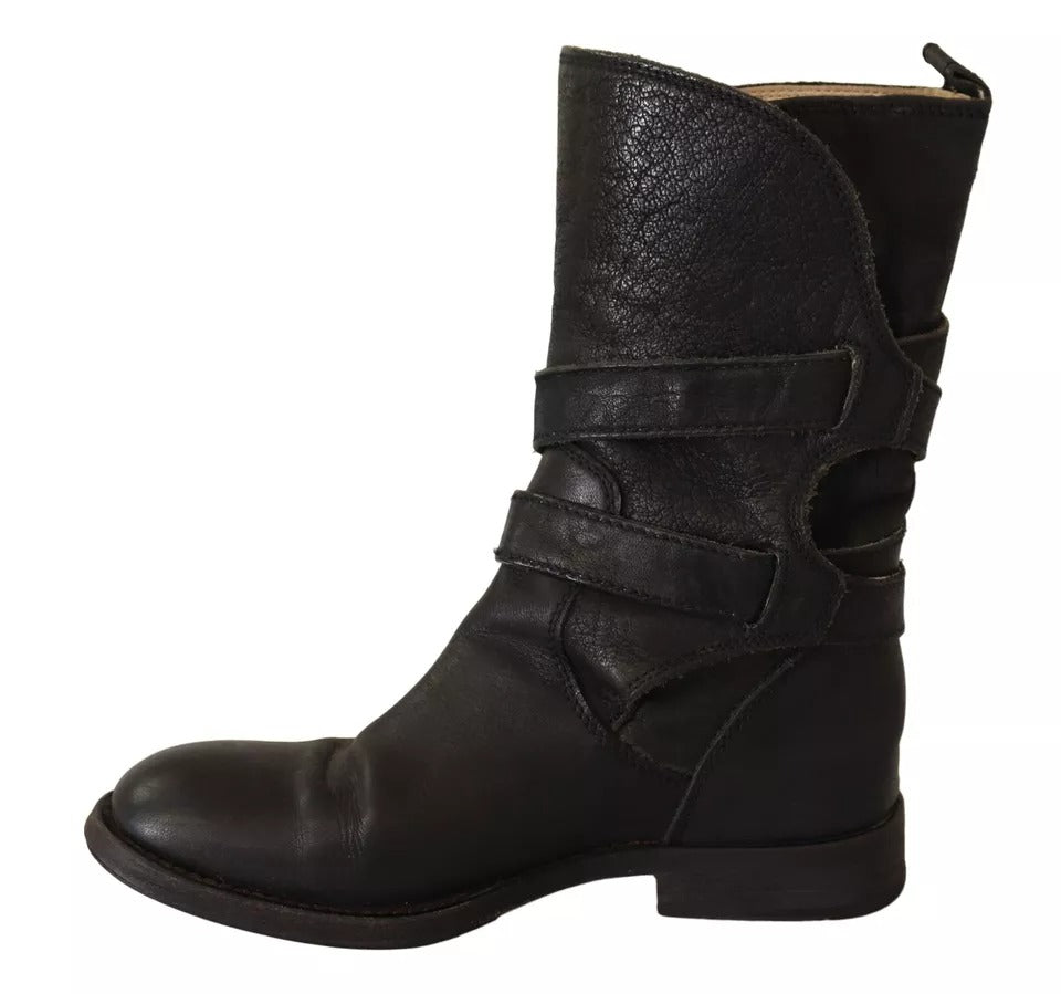 Dolce & Gabbana Schwarzes Leder Schnalle Mid Calf Stiefel Schuhe