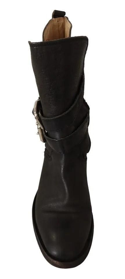 Dolce & Gabbana Schwarzes Leder Schnalle Mid Calf Stiefel Schuhe