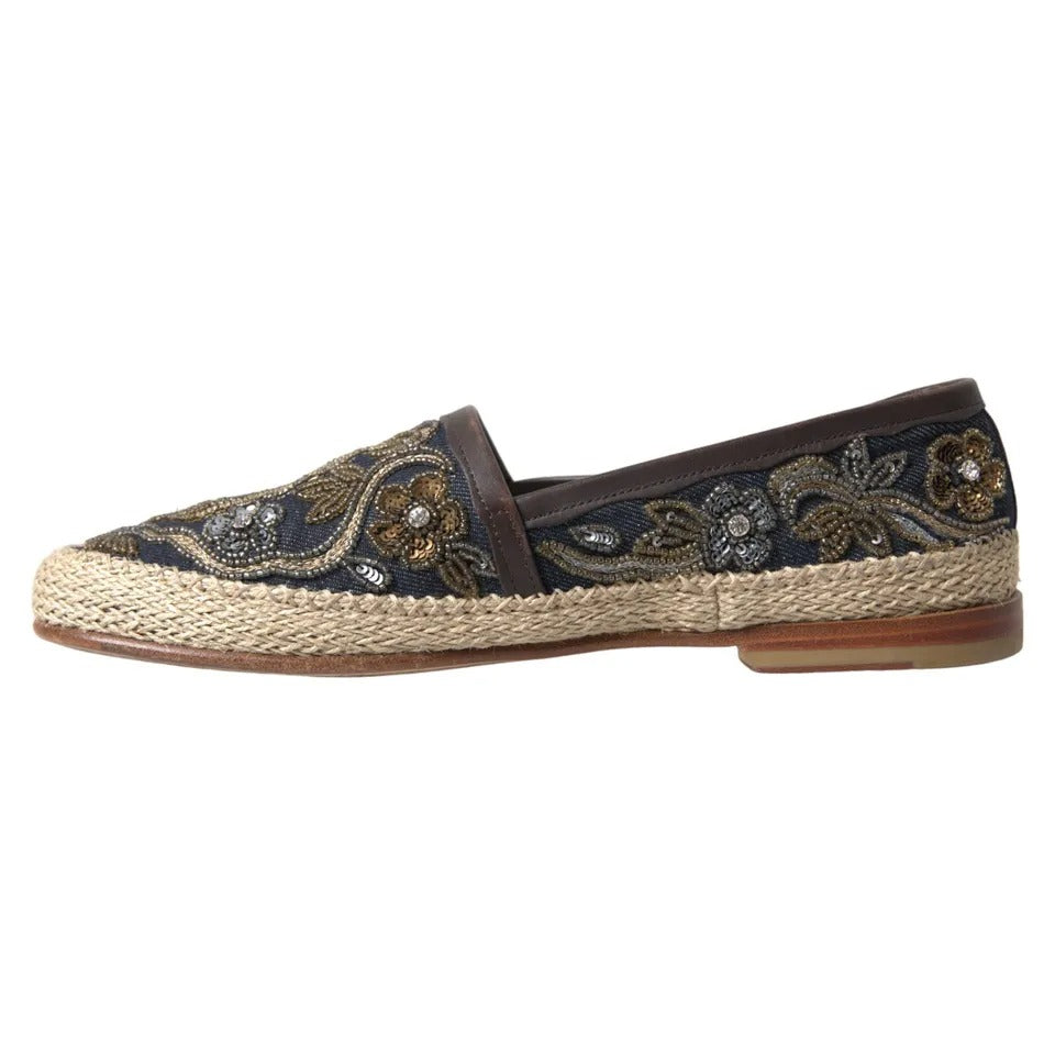 Dolce & Gabbana Blau bestickte Denim Herren Espadrilles Schuhe