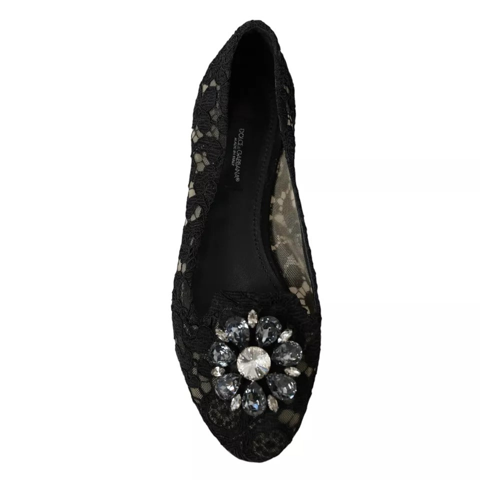 Dolce & Gabbana Schwarz Taormina Spitze Kristalle Flats Schuhe