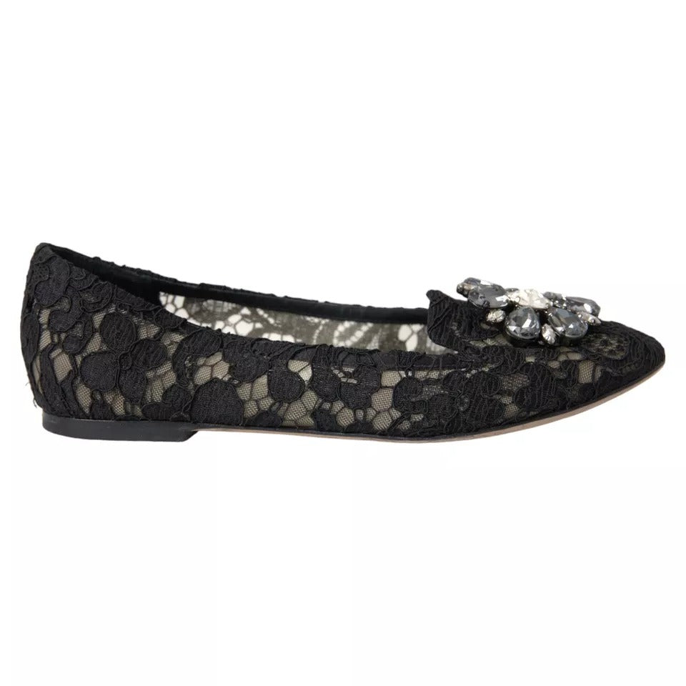 Dolce & Gabbana Schwarz Taormina Spitze Kristalle Flats Schuhe