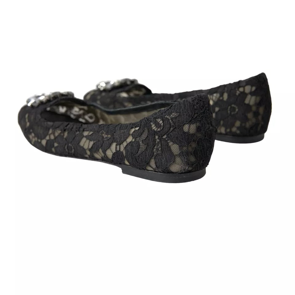 Dolce & Gabbana Schwarz Taormina Spitze Kristalle Flats Schuhe