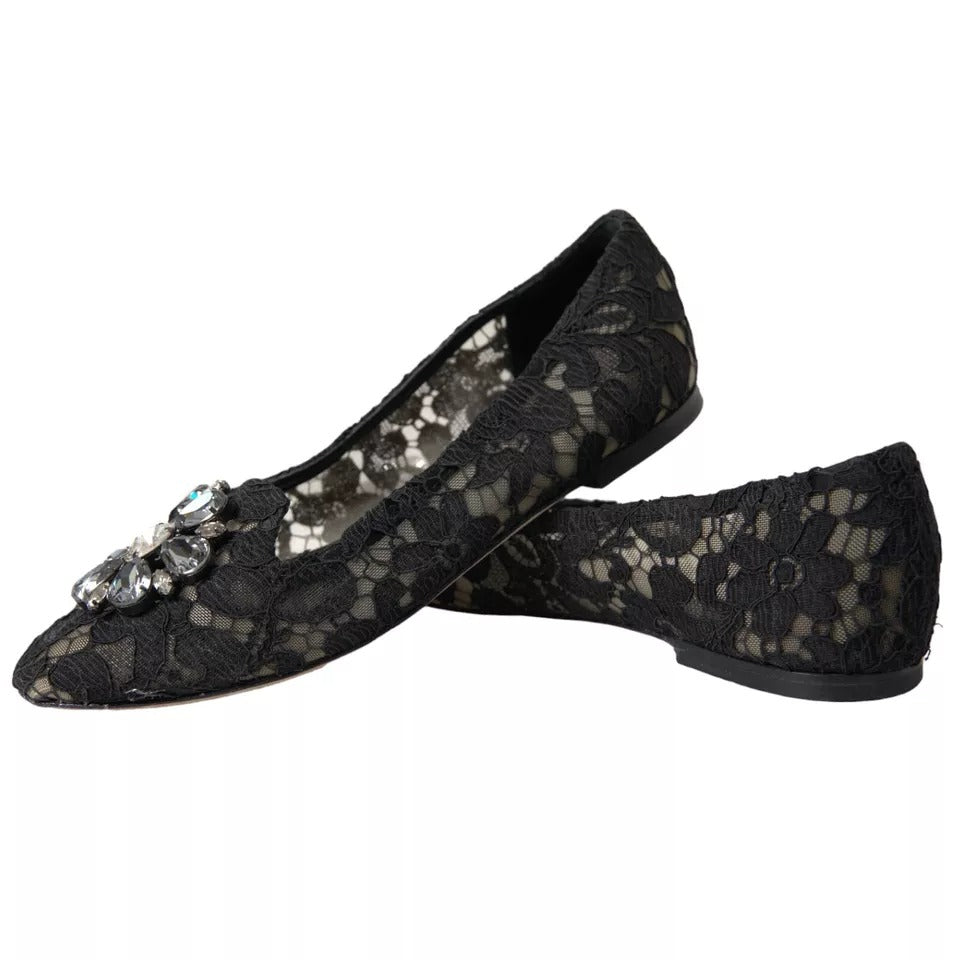 Dolce & Gabbana Schwarz Taormina Spitze Kristalle Flats Schuhe