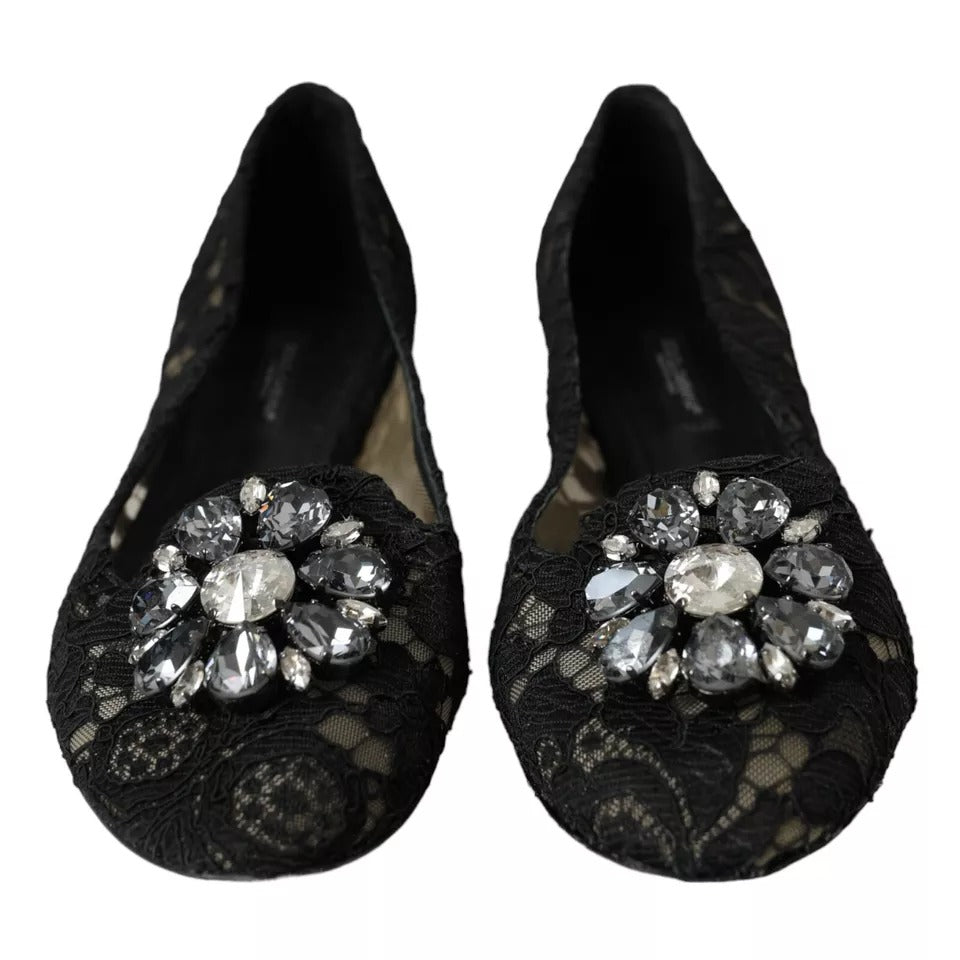 Dolce & Gabbana Schwarz Taormina Spitze Kristalle Flats Schuhe