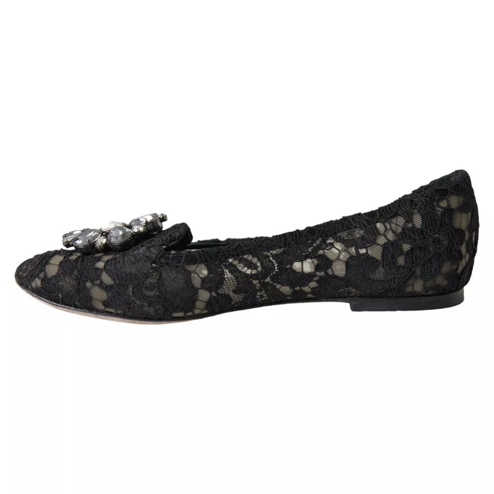 Dolce & Gabbana Schwarz Taormina Spitze Kristalle Flats Schuhe