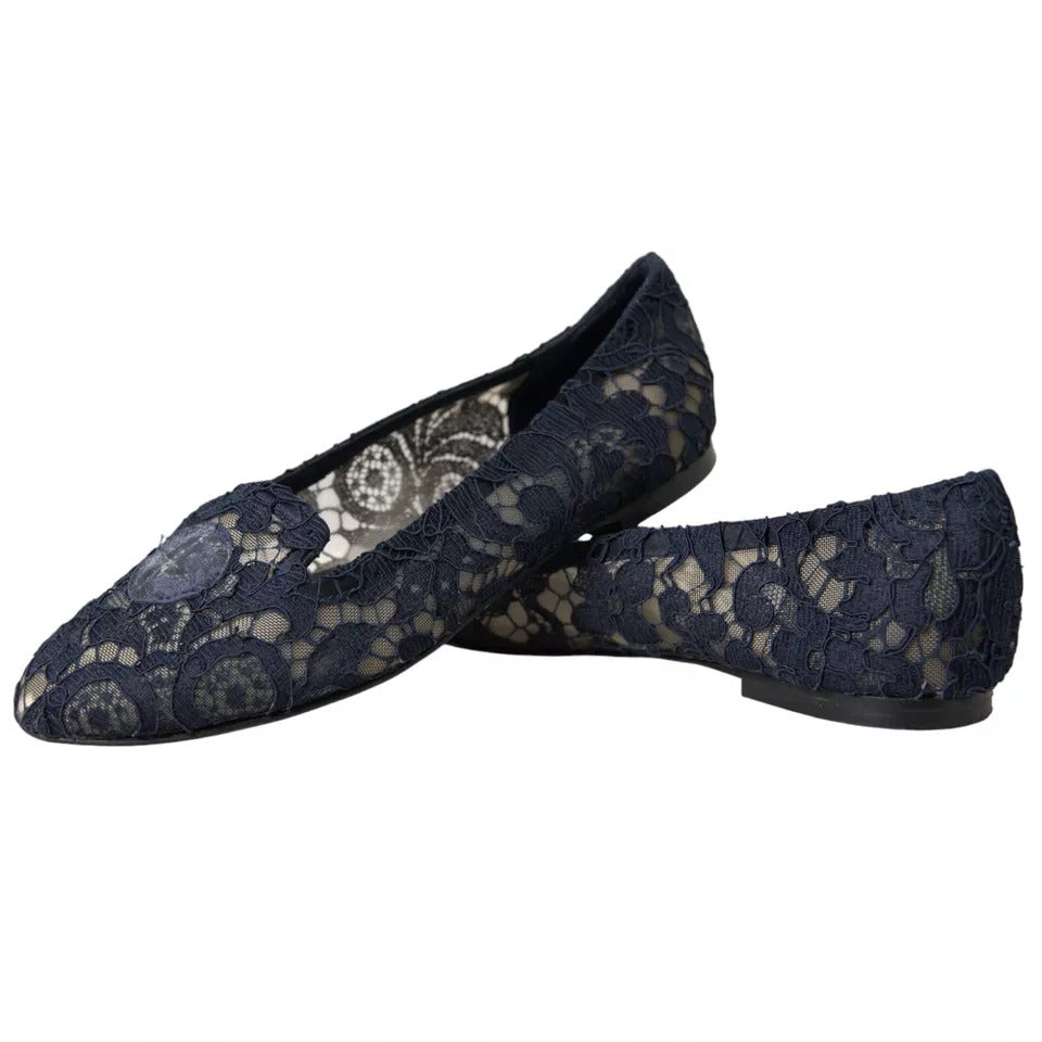 Dolce & Gabbana Dunkelblau Taormina Spitze Slip On Flats Schuhe