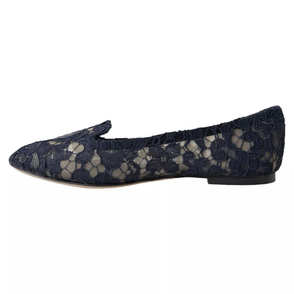 Dolce & Gabbana Dunkelblau Taormina Spitze Slip On Flats Schuhe