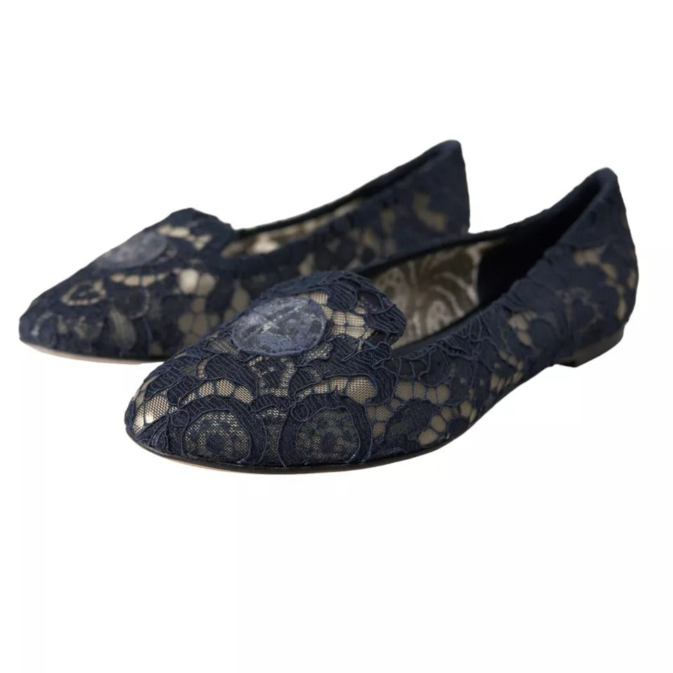 Dolce & Gabbana Dunkelblau Taormina Spitze Slip On Flats Schuhe