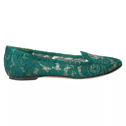 Dolce & Gabbana Grün Taormina Spitze Slip On Flats Schuhe