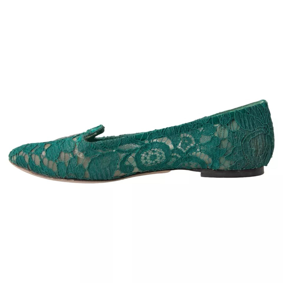 Dolce & Gabbana Grün Taormina Spitze Slip On Flats Schuhe