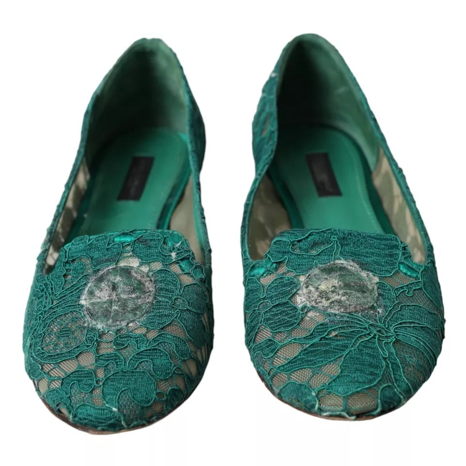 Dolce & Gabbana Grün Taormina Spitze Slip On Flats Schuhe