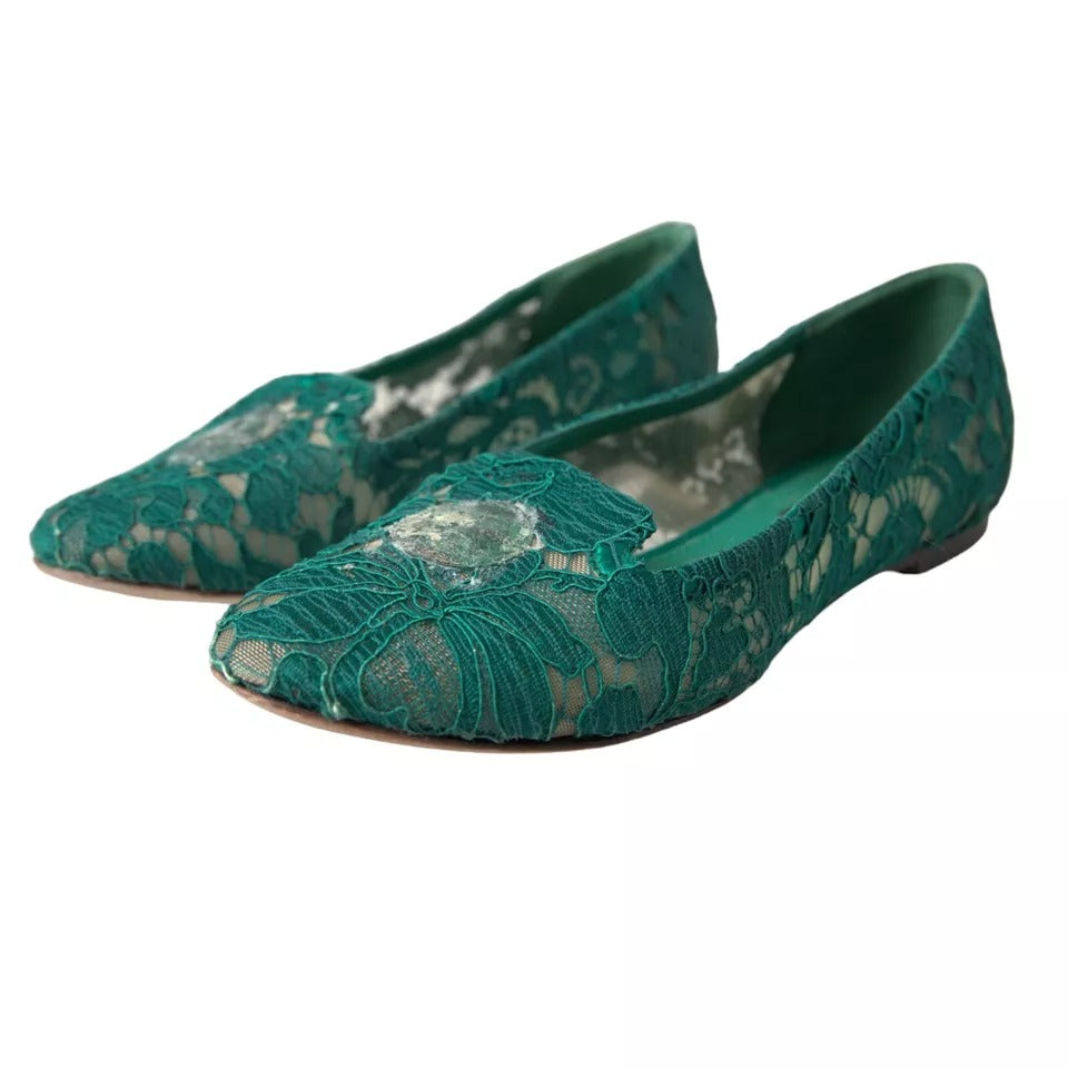 Dolce & Gabbana Grün Taormina Spitze Slip On Flats Schuhe