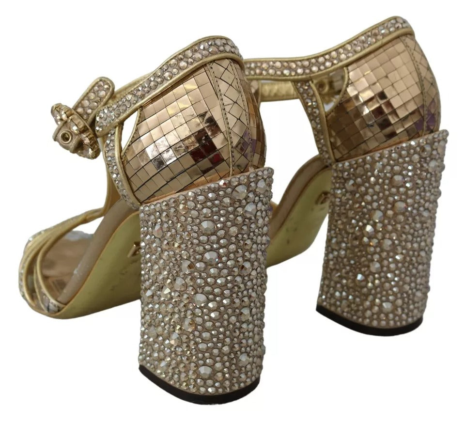 Dolce & Gabbana Gold Crystals T-strap Sandalen Leder Schuhe