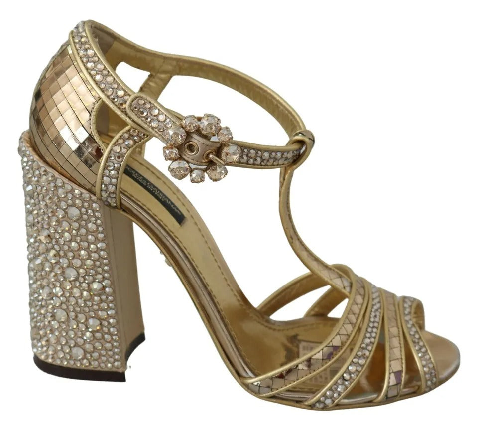 Dolce & Gabbana Gold Crystals T-strap Sandalen Leder Schuhe