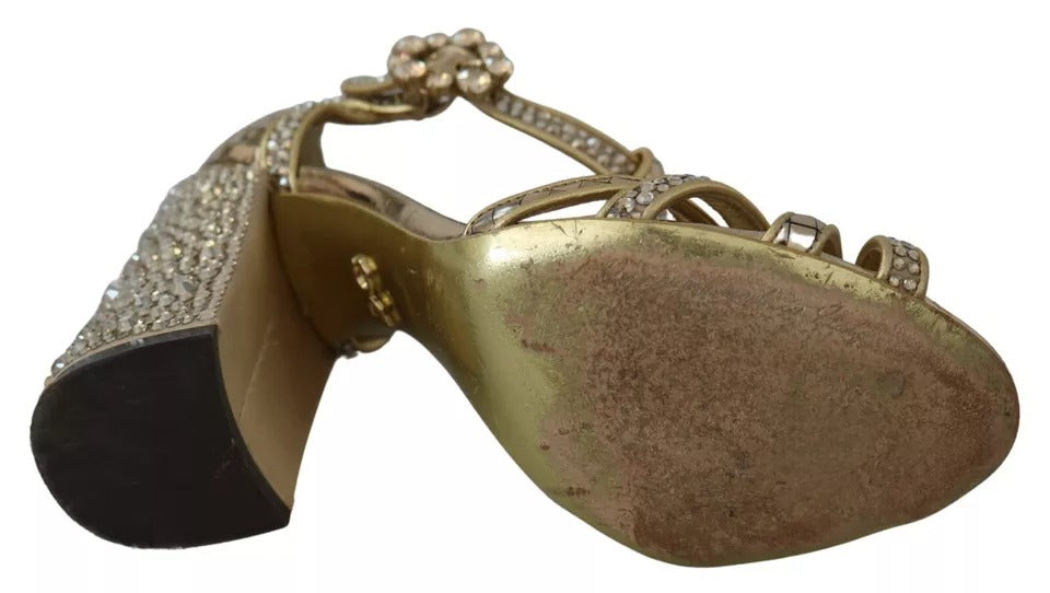 Dolce & Gabbana Gold Crystals T-strap Sandalen Leder Schuhe