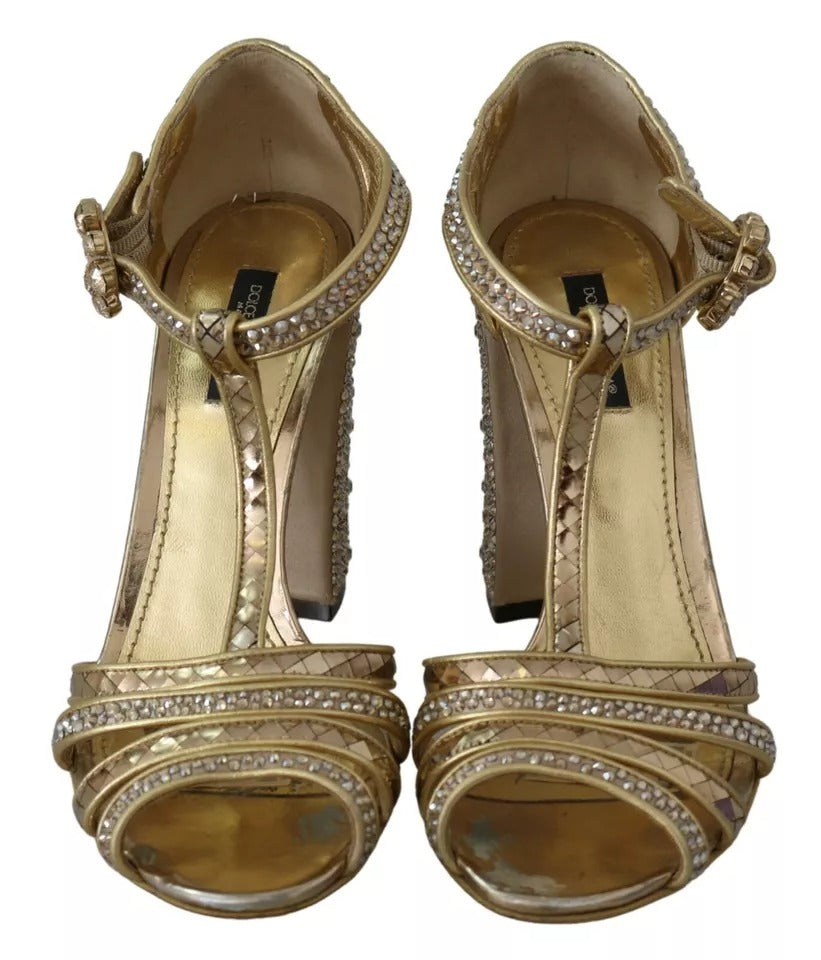 Dolce & Gabbana Gold Crystals T-strap Sandalen Leder Schuhe