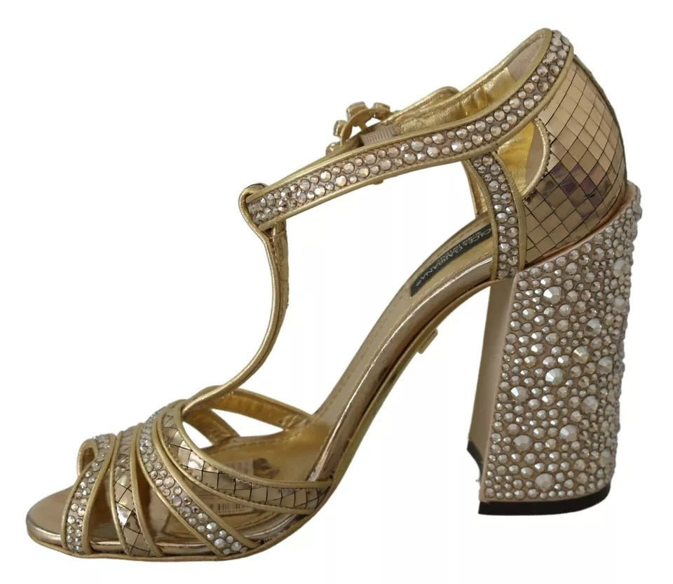 Dolce & Gabbana Gold Crystals T-strap Sandalen Leder Schuhe