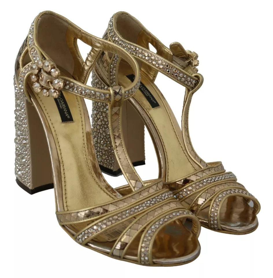 Dolce & Gabbana Gold Crystals T-strap Sandalen Leder Schuhe