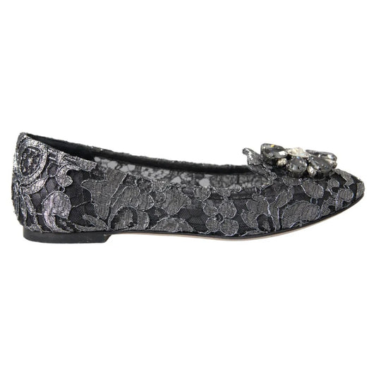 Dolce & Gabbana Graue Schwarze Spitze Kristall Ballett Loafers Schuhe