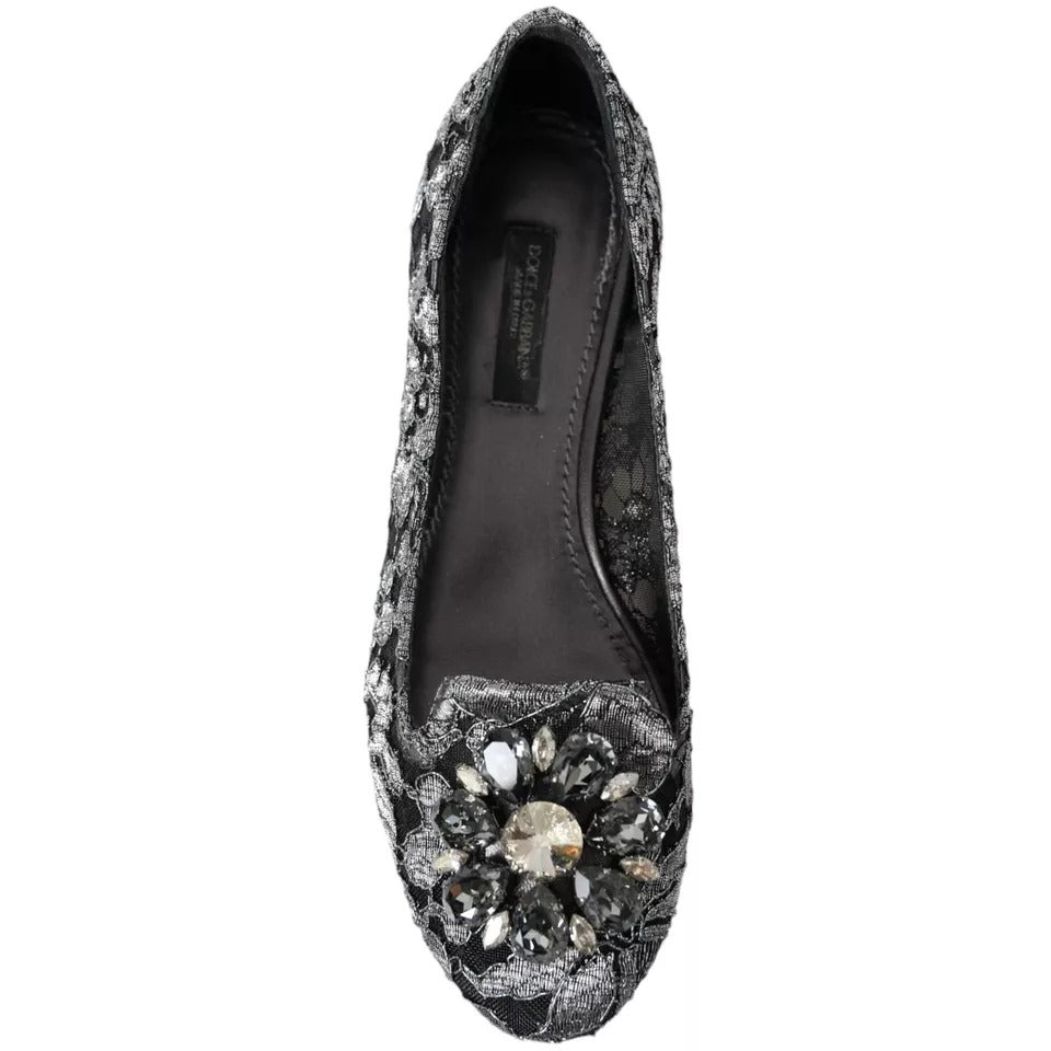 Dolce & Gabbana Graue Schwarze Spitze Kristall Ballett Loafers Schuhe