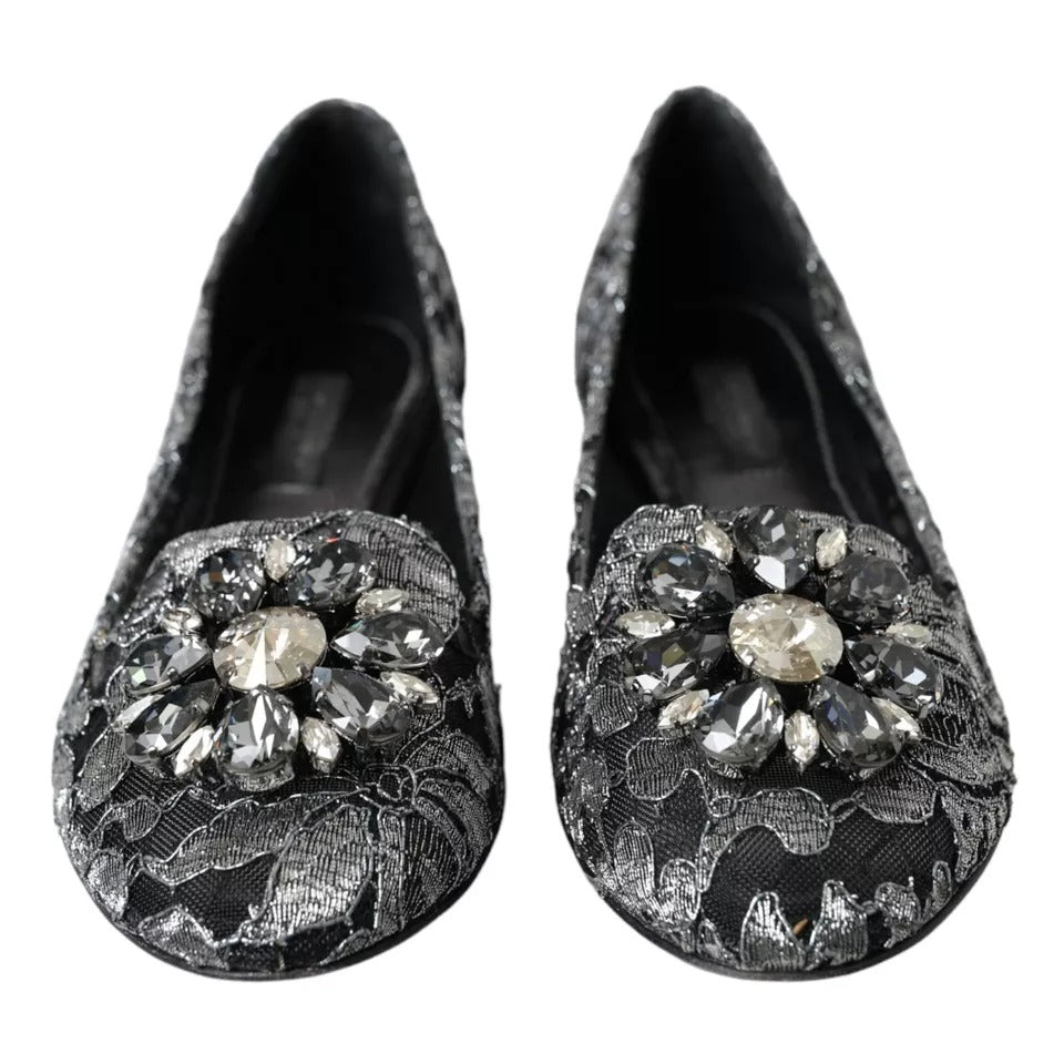 Dolce & Gabbana Graue Schwarze Spitze Kristall Ballett Loafers Schuhe