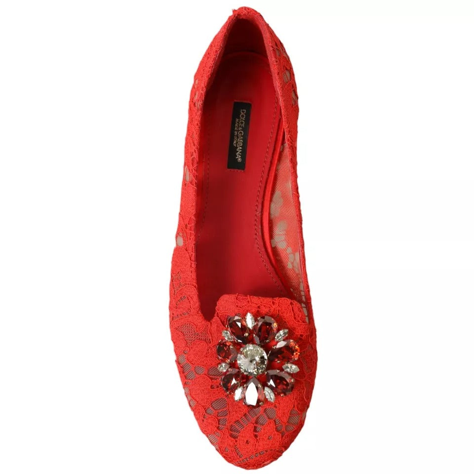 Dolce & Gabbana Rote Spitze Kristall Ballett Loafers Schuhe