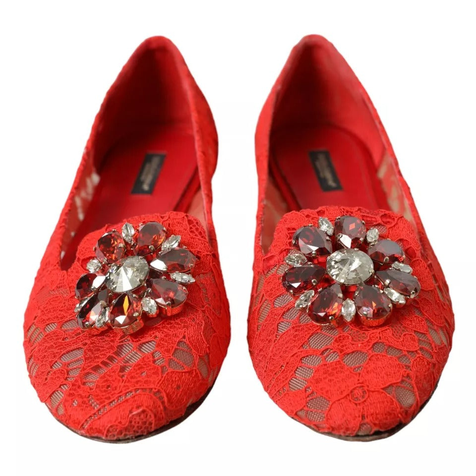 Dolce & Gabbana Rote Spitze Kristall Ballett Loafers Schuhe