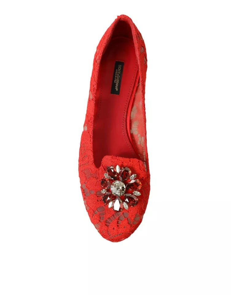 Dolce & Gabbana Rote Spitze Kristall Ballett Loafers Schuhe